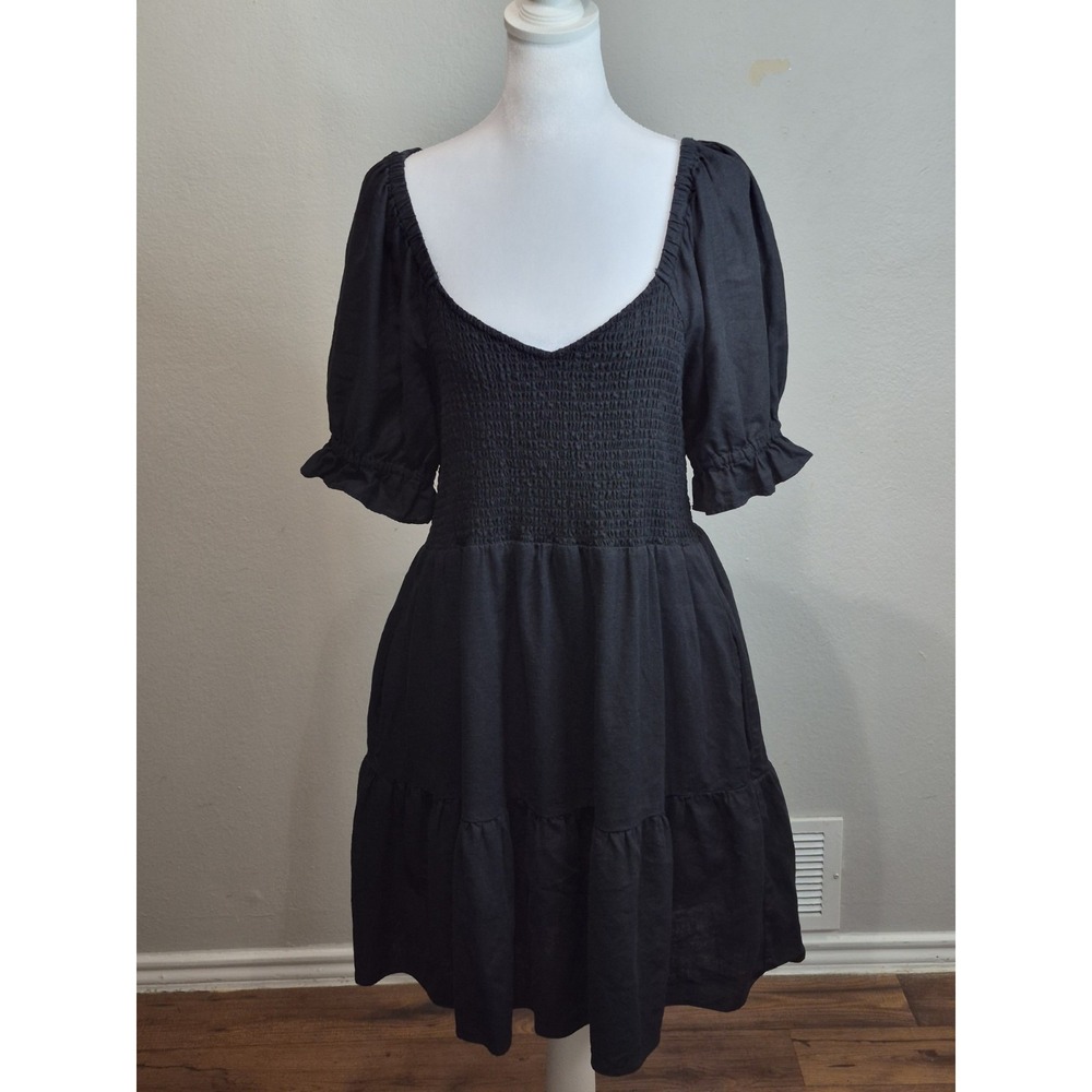 Madewell Dress Women Black Linen Blend Large Smocked V Neck Coastal Core Pockets
